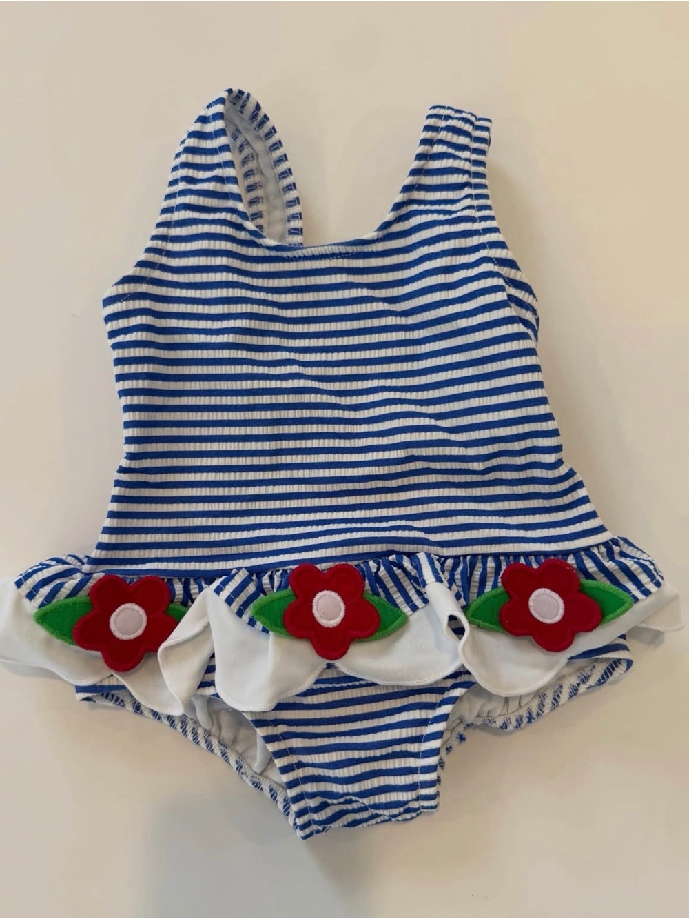 Florence Eiseman Blue & White Striped Flower Applique One-Piece Swimsuit